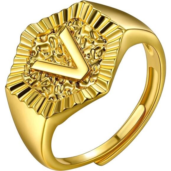 Men Initial V Ring Wedding Band for Men 18K Gold Plated Statement Hexagon Trendy